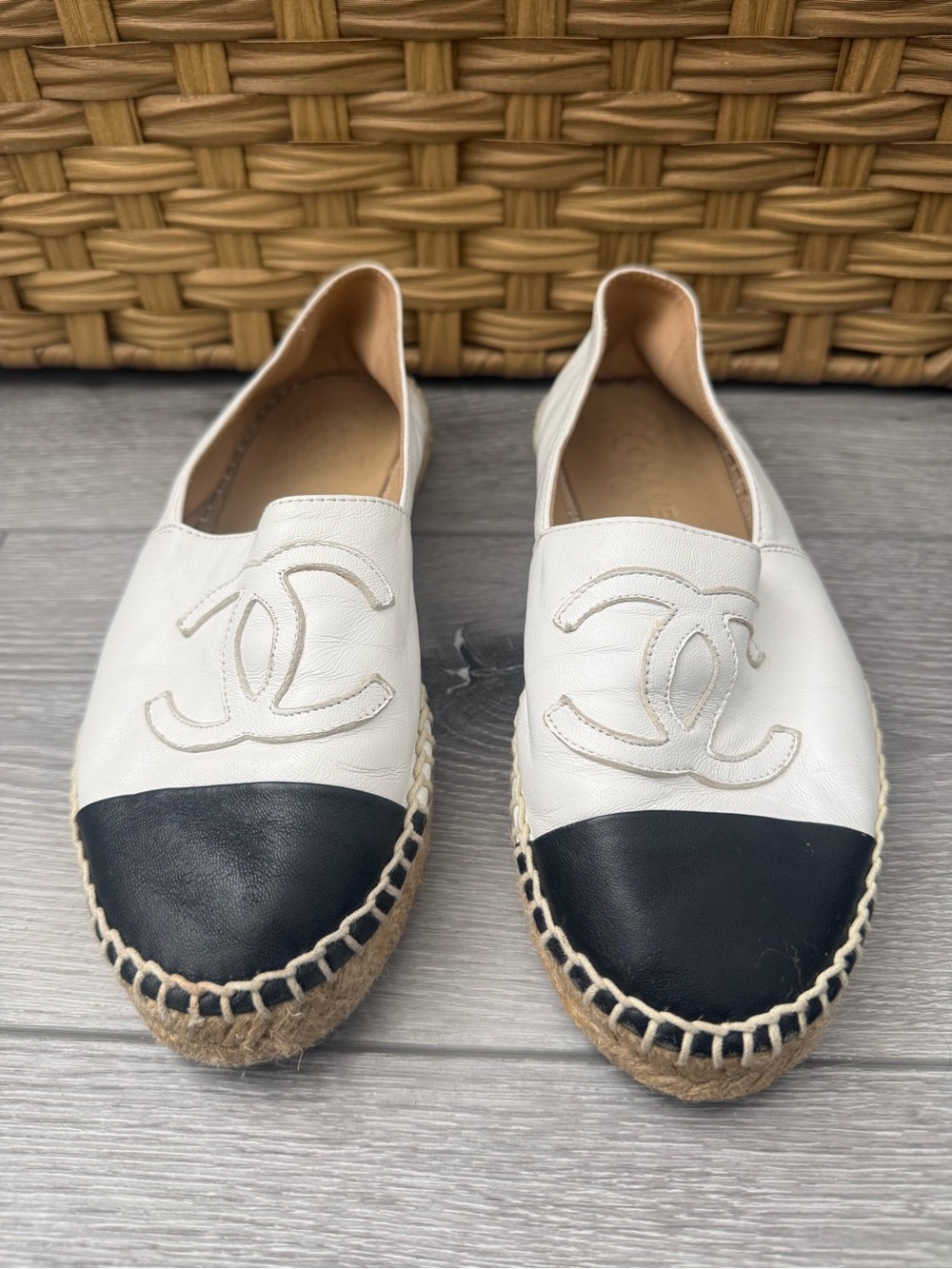 CHANEL White and Black Leather Espadrille Flats with CC Logo